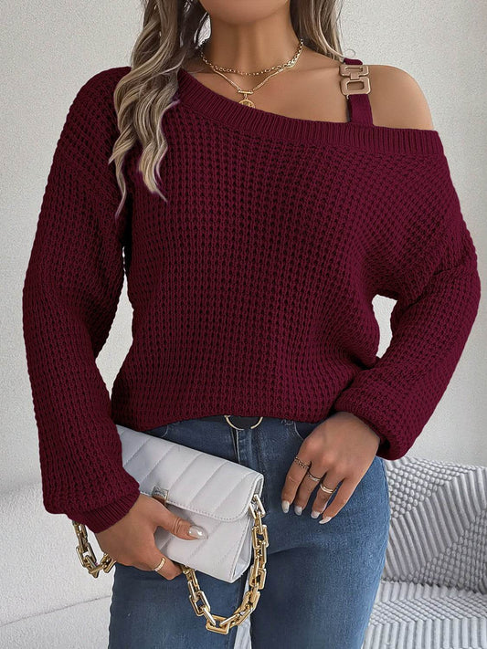 Asymmetrical Neck Long Sleeve Sweater - Hovatok