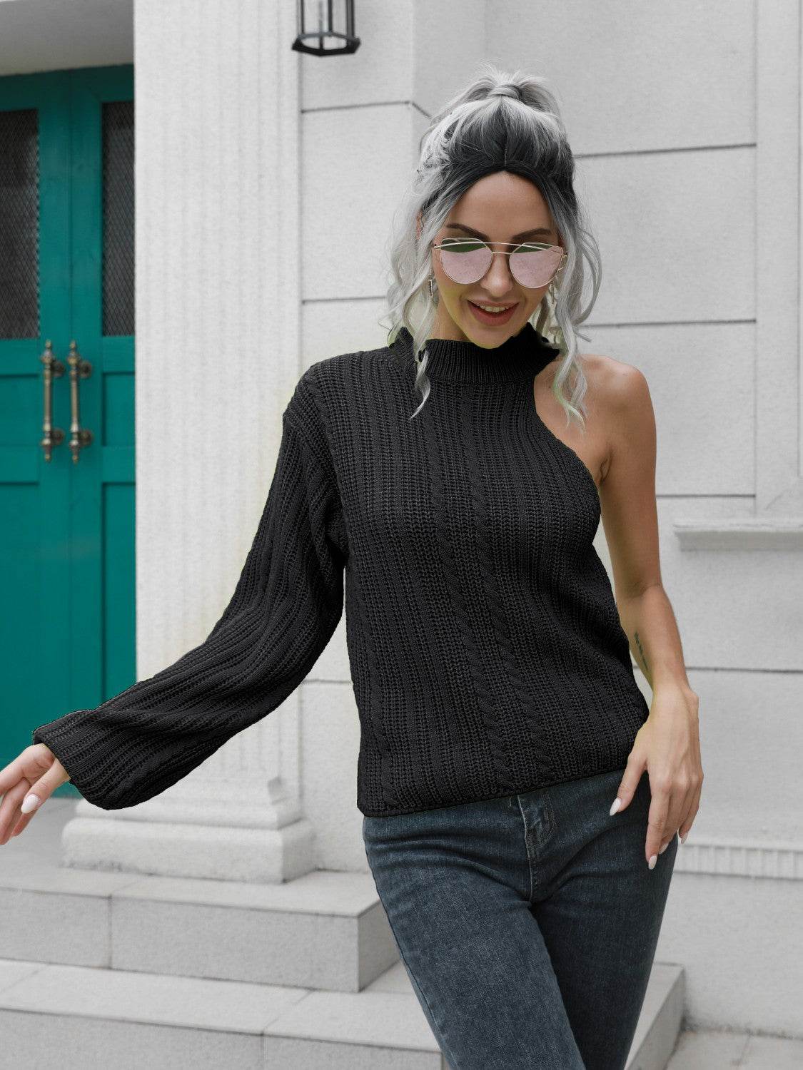 Cable-Knit Round Neck Asymmetrical Sweater - Hovatok