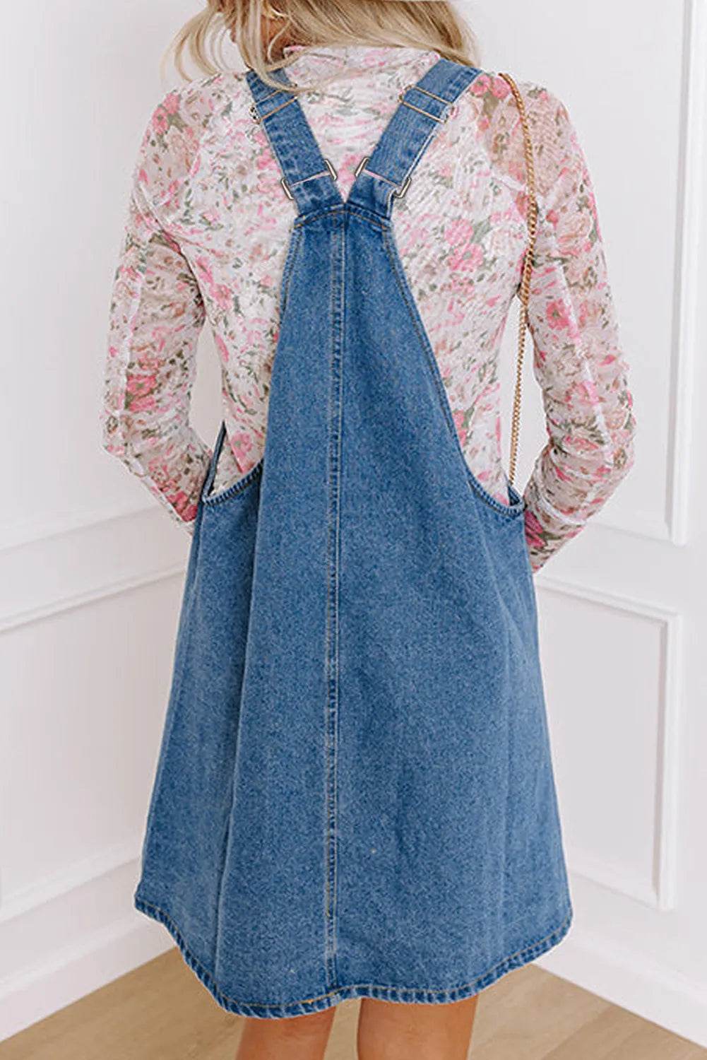 Square Neck Wide Strap Denim Overall Dress - Hovatok