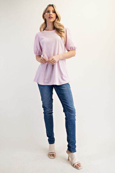 Celeste Full Size Gingham Print Top With Puff Sleeves Plus Size - Hovatok
