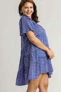 Umgee Full Size Gingham Tiered Button Detail Short Sleeve Dress Plus Size - Hovatok