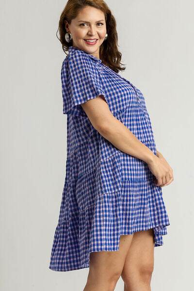Umgee Full Size Gingham Tiered Button Detail Short Sleeve Dress Plus Size - Hovatok