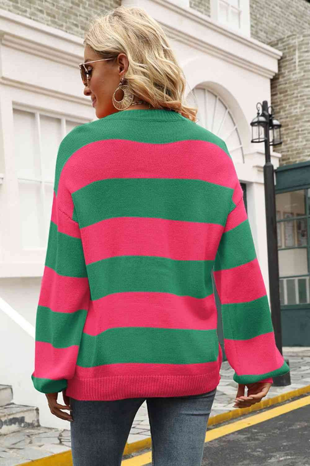 Angel Wings Striped Balloon Sleeve Knit Pullover - Hovatok