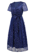 Sequin Leaf Embroidery Tie Front Short Sleeve Dress - Hovatok
