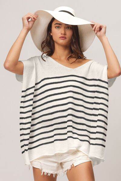 BiBi V Neck Striped Short Sleeve Top - Hovatok