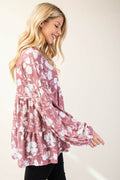 Celeste Full Size Tiered Floral V-Neck Long Sleeve Blouse - Hovatok