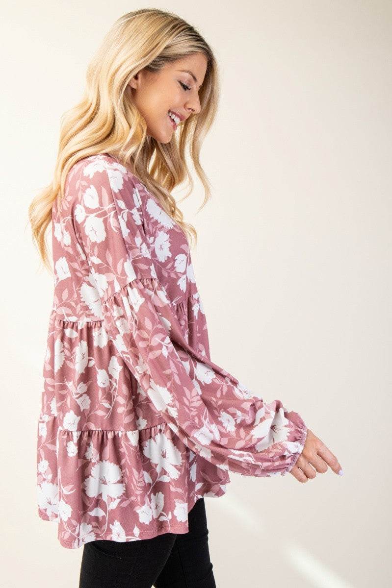 Celeste Full Size Tiered Floral V-Neck Long Sleeve Blouse - Hovatok
