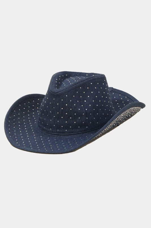 Fame Rhinestone Wide Brim Denim Hat - Hovatok