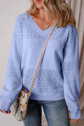 Openwork V-Neck Long Sleeve Sweater - Hovatok