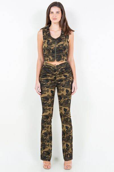 American Bazi V-Cut Ruched Camo Flare Pants - Hovatok