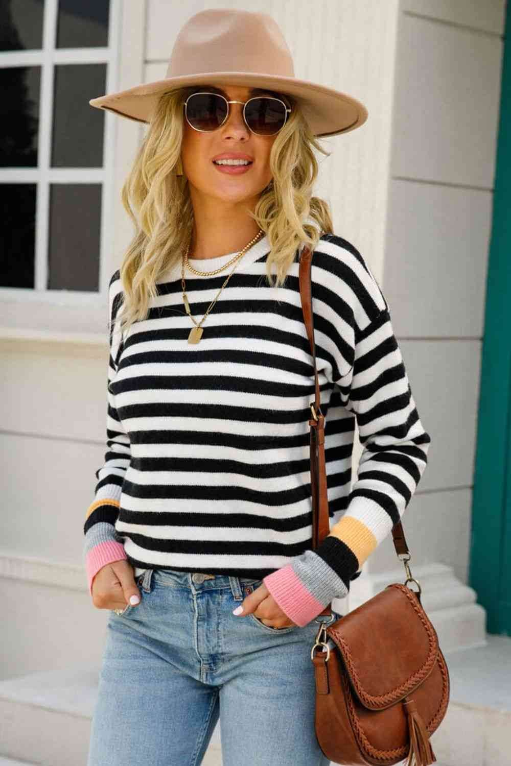Angel Wings Warm Spice Striped Round Neck Sweater - Hovatok