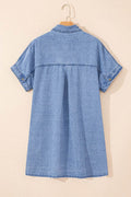 Button Down Short Sleeve Denim Dress - Hovatok