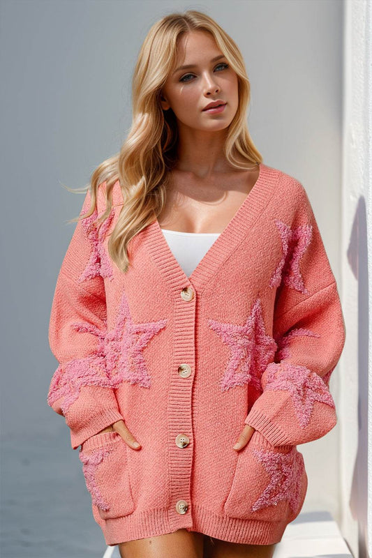 Double Take Full Size Button Up Star Pattern Cardigan - Hovatok
