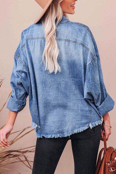 Collared Neck Raw Hem Long Sleeve Denim Shirt - Hovatok