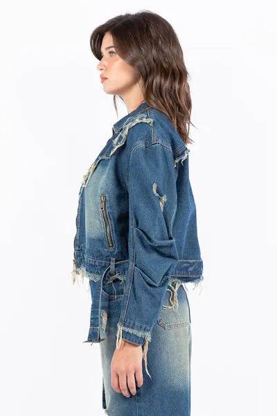 American Bazi Full Size Distressed Frayed Edge Zip Up Denim Jacket Plus Size - Hovatok