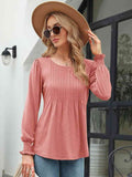 Smocked Round Neck Lantern Sleeve Blouse - Hovatok