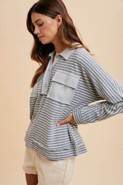 Annie Wear Striped Button Detail Long Sleeve Polo Top - Hovatok