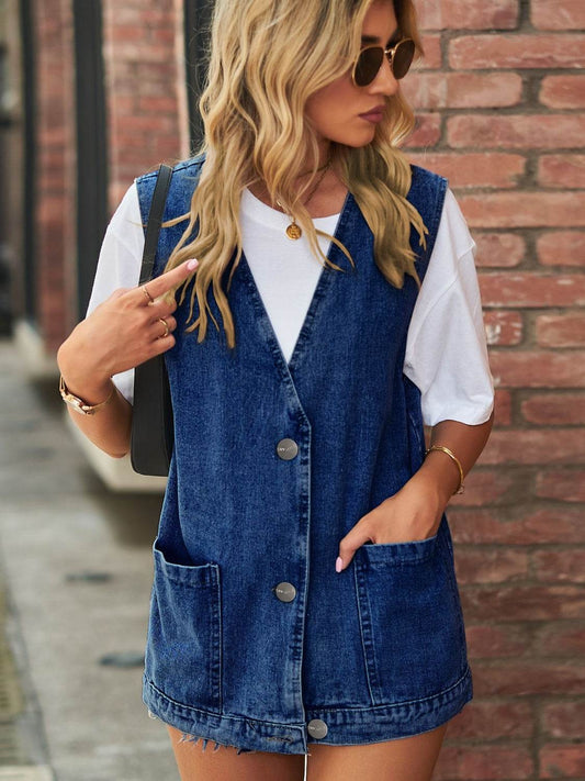 Full Size V-Neck Button Up Denim Vest - Hovatok