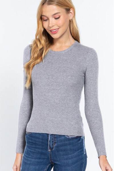 ACTIVE BASIC Full Size Ribbed Round Neck Long Sleeve Knit Top - Hovatok