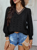 Devine Swiss Dot Lace Detail V-Neck Long Sleeve Blouse - Hovatok