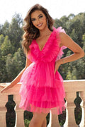 Ruffled V-Neck Sleeveless Mesh Dress - Hovatok
