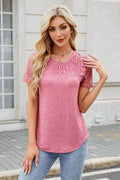 Smocked Round Neck Short Sleeve T-Shirt - Hovatok