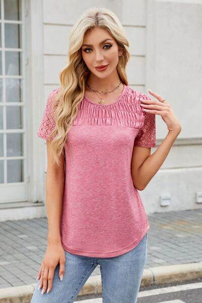 Smocked Round Neck Short Sleeve T-Shirt - Hovatok