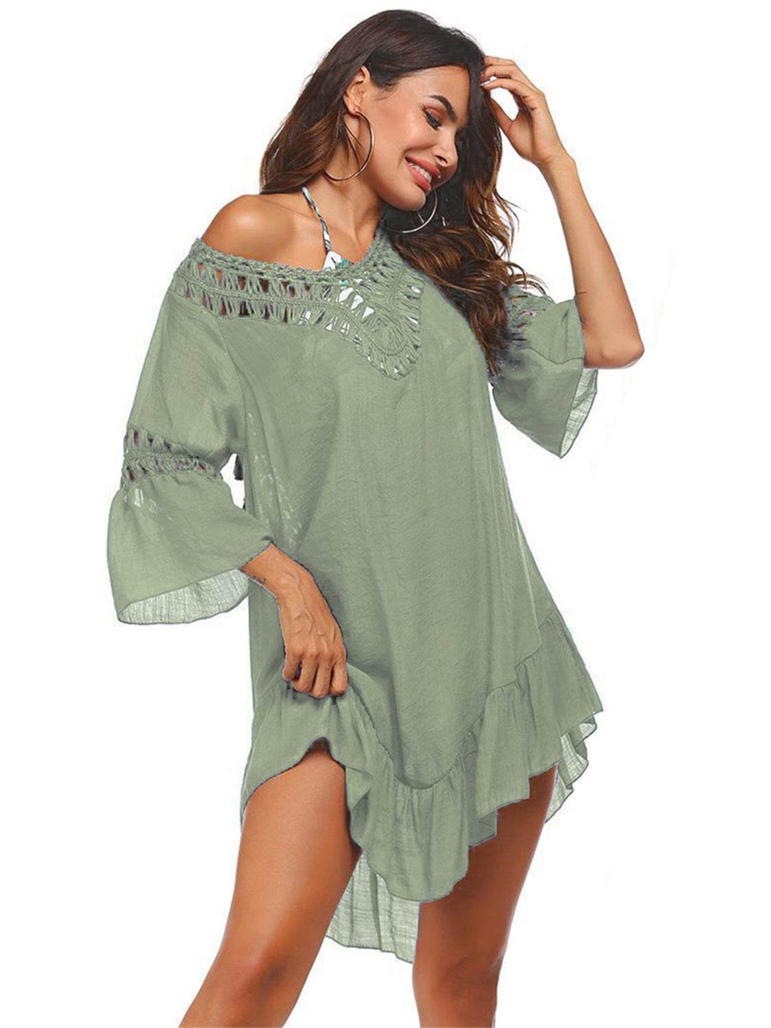 Backless Cutout Three-Quarter Sleeve Cover Up - Hovatok