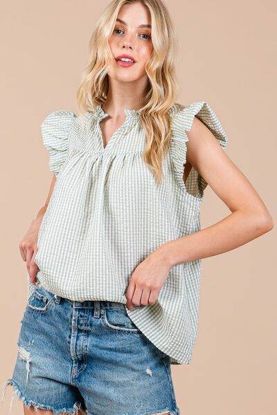 Ces Femme Plaid Notched Ruffled Cap Sleeve Blouse - Hovatok