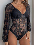 Perfee Lace V-Neck Long Sleeve Bodysuit - Hovatok