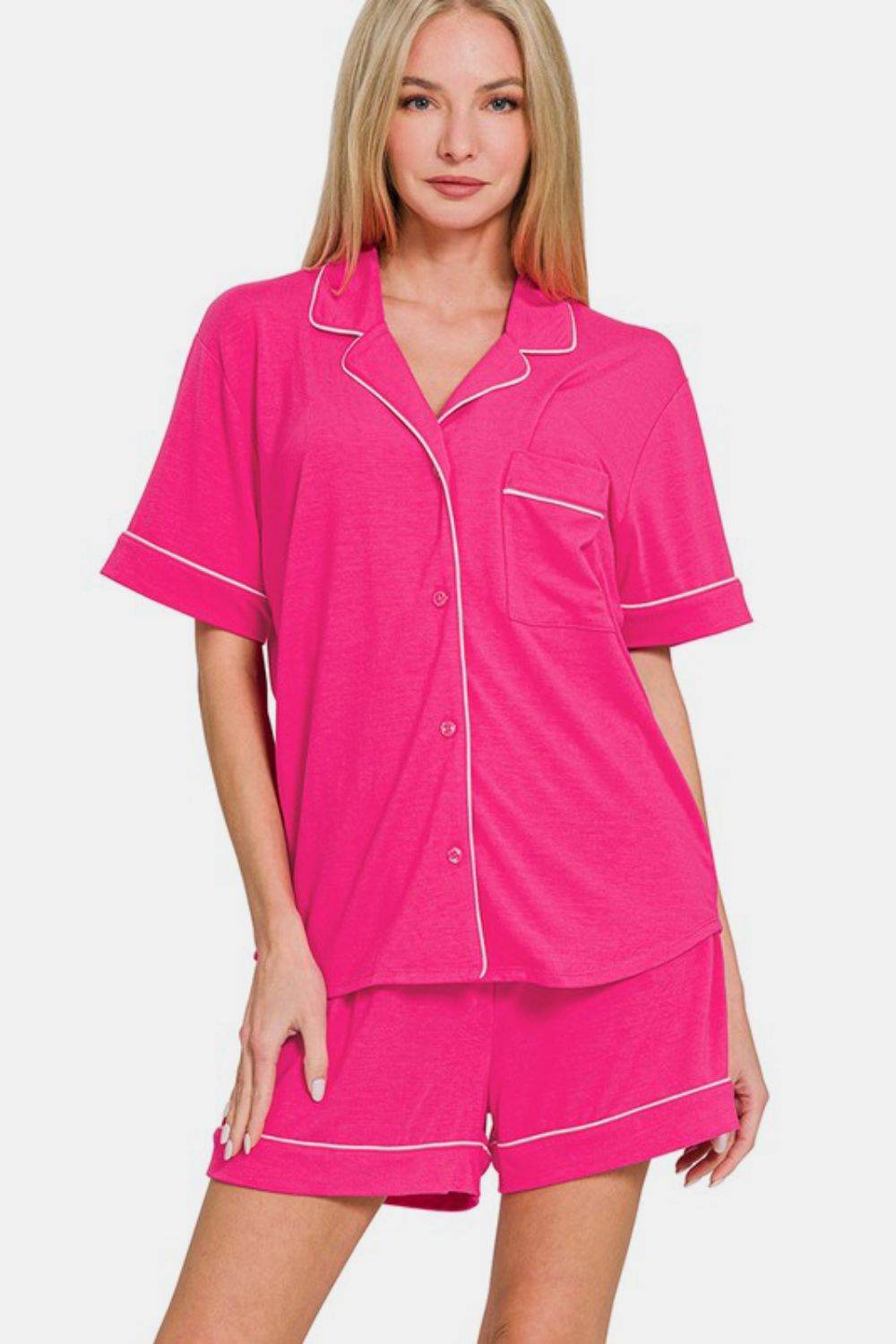 Zenana Button Down Short Sleeve Top and Shorts Lounge Set - Hovatok