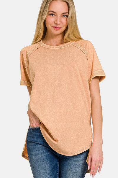 Zenana Heathered Round Neck Short Sleeve Top - Hovatok