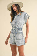 Annie Wear Elastic Waistband Short Sleeve Denim Romper - Hovatok