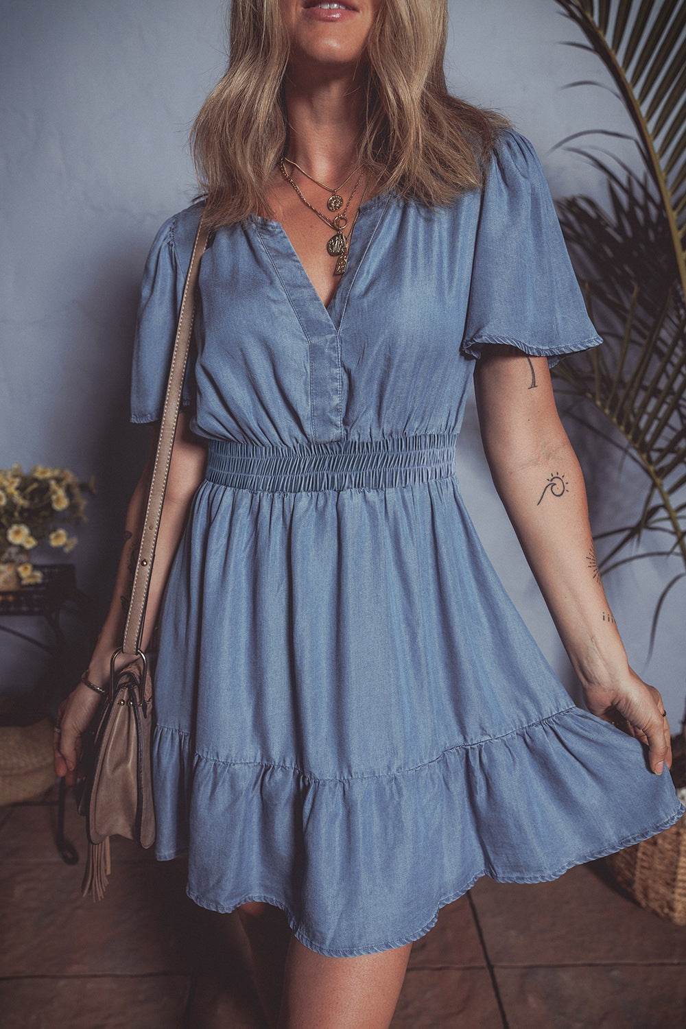 Ruffled Hem Smocked Flutter Sleeve Denim Mini Dress - Hovatok