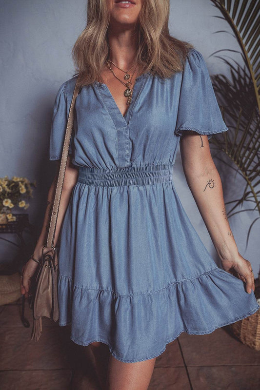 Ruffled Hem Smocked Flutter Sleeve Denim Mini Dress - Hovatok
