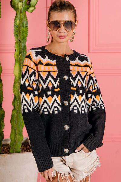 BiBi Ethnic Pattern Button Up Knit Cardigan - Hovatok