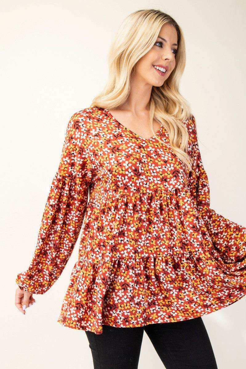 Celeste Full Size Floral V-Neck Balloon Sleeve Blouse - Hovatok