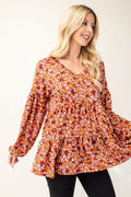 Celeste Full Size Floral V-Neck Balloon Sleeve Blouse - Hovatok