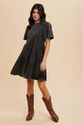 Annie Wear Mineral Washed Round Neck Short Sleeve Denim Dress - Hovatok