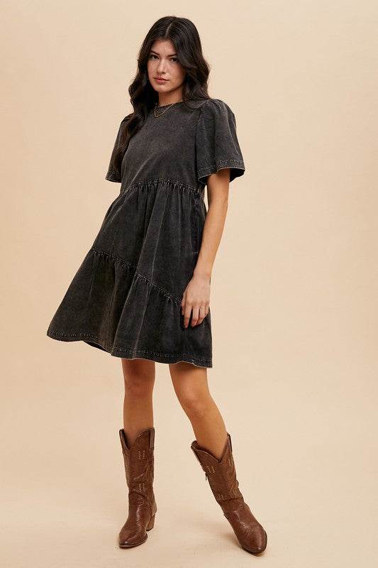 Annie Wear Mineral Washed Round Neck Short Sleeve Denim Dress - Hovatok