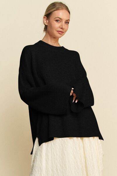 Davi & Dani High-Low Round Neck Drop Shoulder Sweater - Hovatok