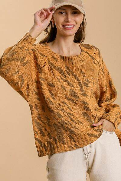 Umgee Full Size Animal Print Round Neck Distressed Detail Sweater Plus Size - Hovatok