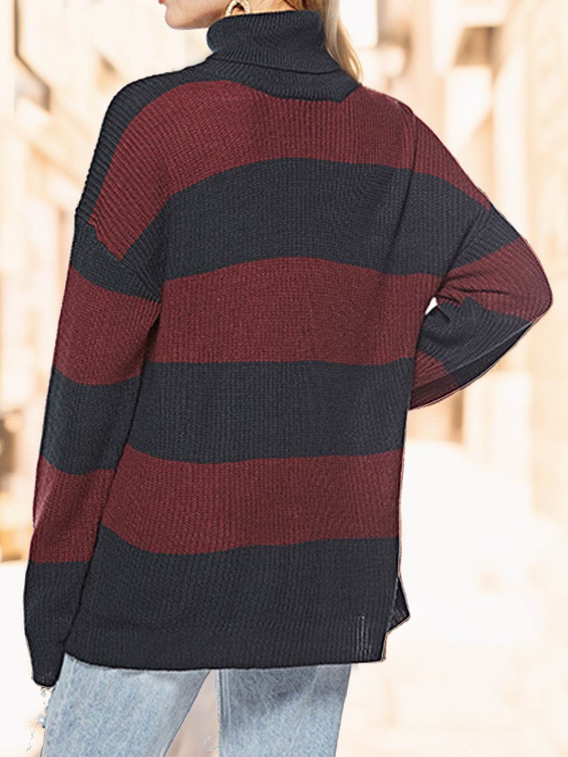 Striped Turtleneck Long Sleeve Sweater - Hovatok