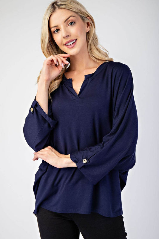 Celeste Full Size Notched Three-Quarter Sleeve Blouse - Hovatok