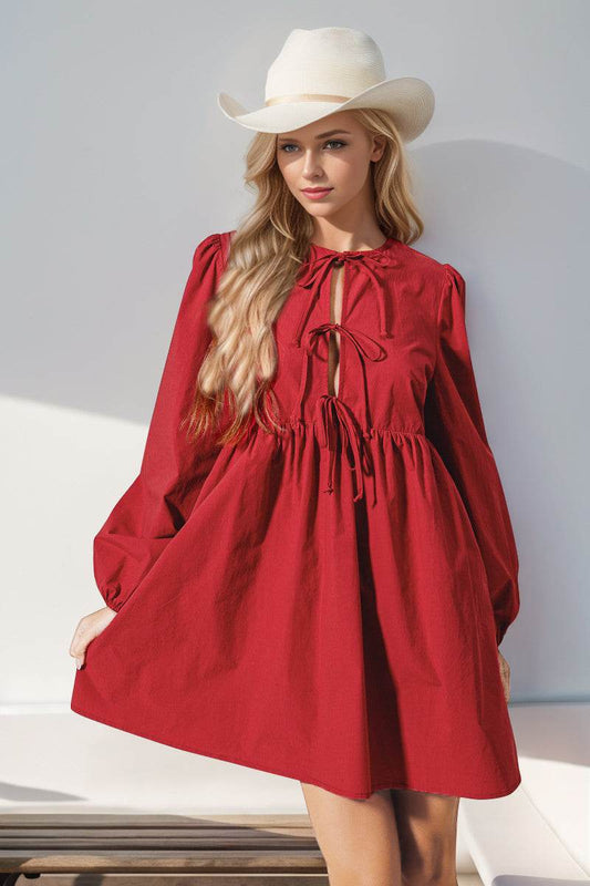 Double Take Christmas Front Tied Long Sleeve Mini Dress - Hovatok
