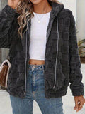 Checkered Texture Zip Up Drawstring Fuzzy Jacket - Hovatok