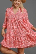 Umgee Full Size Two Tone Print Balloon Sleeve Tiered Dress Plus Size - Hovatok