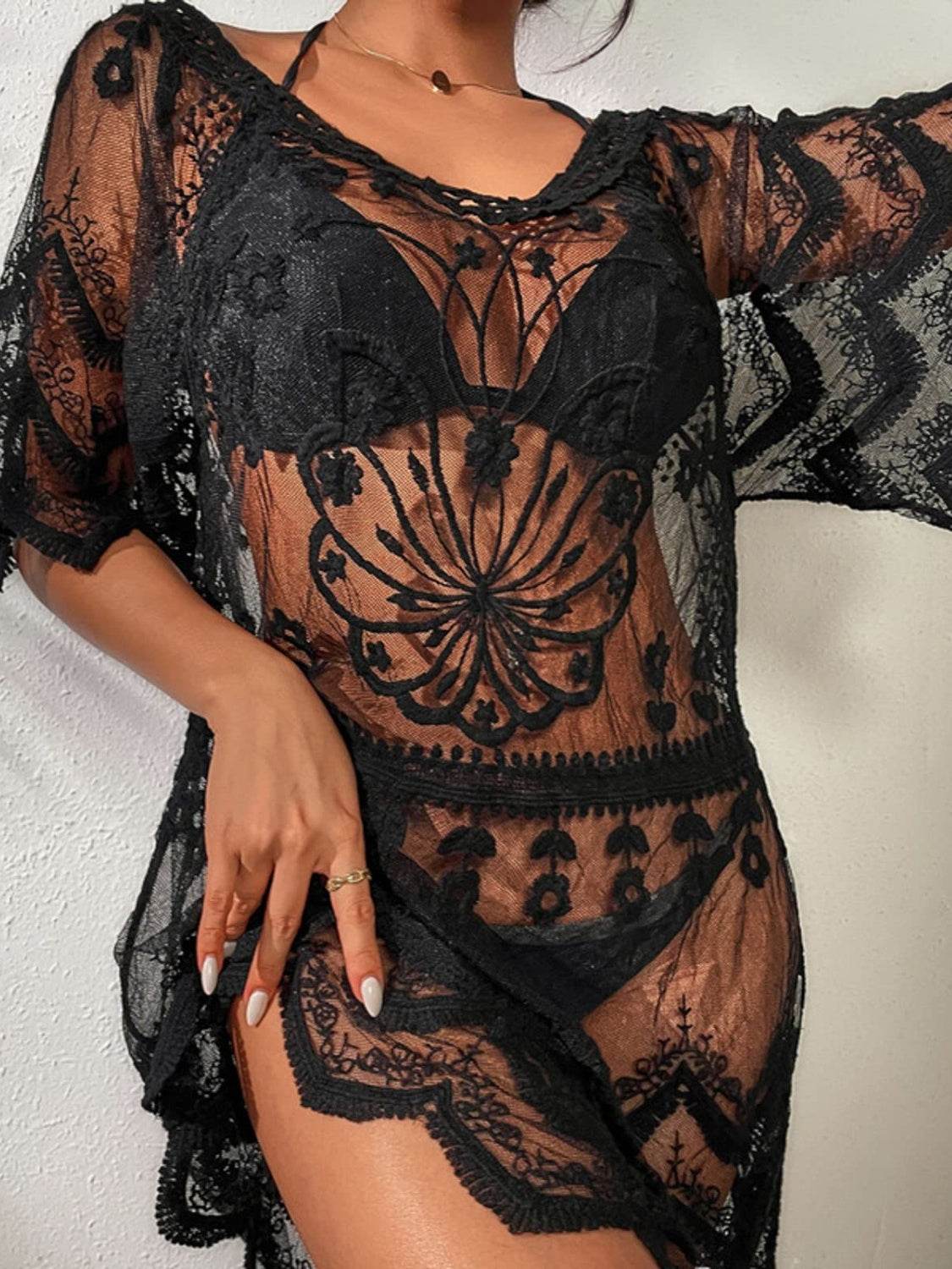 Lace Round Neck Half Sleeve Cover-Up - Hovatok