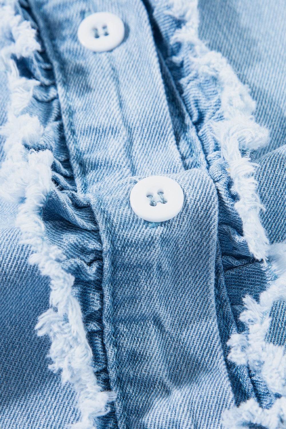 Button Down Raw Hem Ruffled Denim Shirt - Hovatok