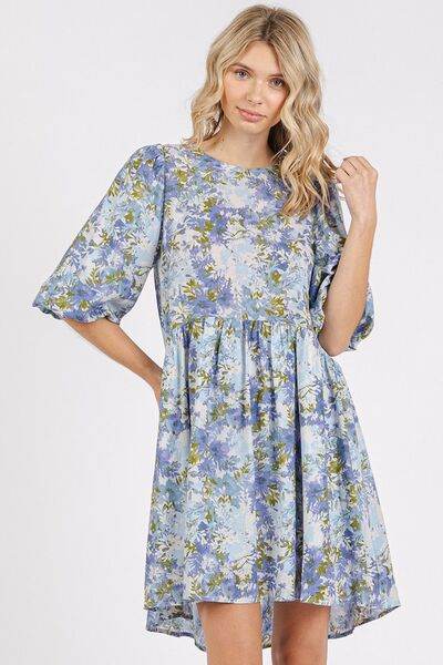 Mittoshop Flower Print Linen Blend Babydoll Mini Dress - Hovatok